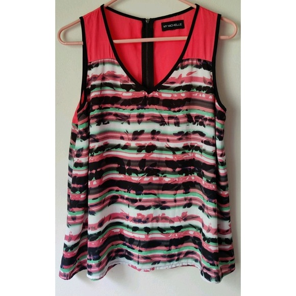 My Michelle Women's Tank Top Colorful Striped Lightweight Pullover Zip Back Sz L - Picture 1 of 5
